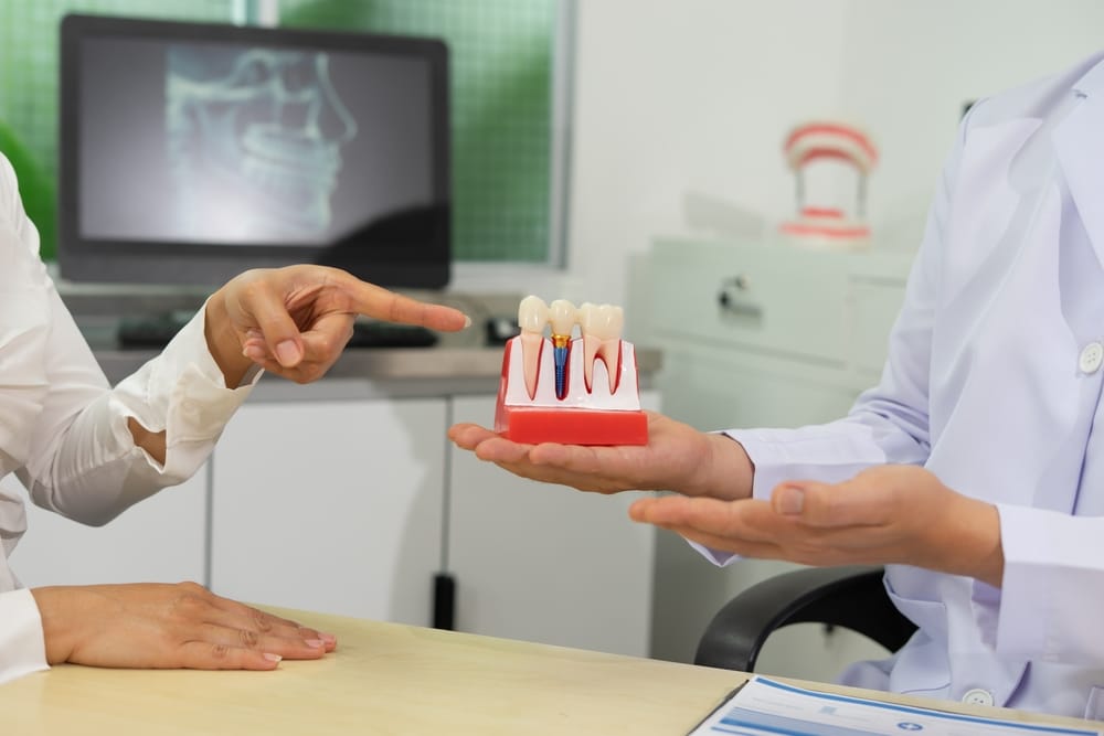A dentist explaining dental issues to a patient using a tooth model.
